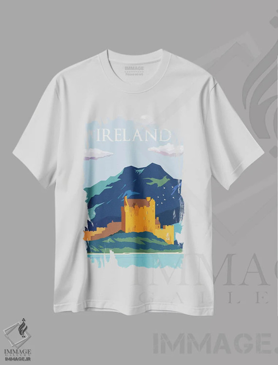 تیشرت سفید طرح دار پوستر سفر به آسمان های آبی ایرلند، تزئینی اثر ناتالی رایان | فروشگاه ایماژ