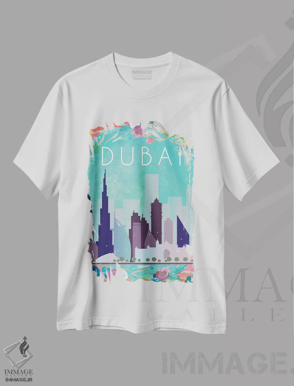 تیشرت سفید طرح دار پوستر سفر به دبی، تزئینی اثر ناتالی رایان | فروشگاه ایماژ