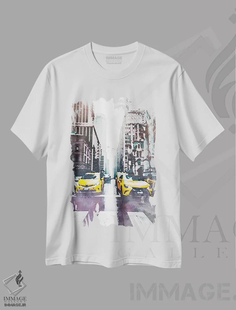تیشرت سفید طرح دار پوستر سفر تاکسی نیویورک، هنر دیجیتال اثر ناتالی رایان | immage.ir