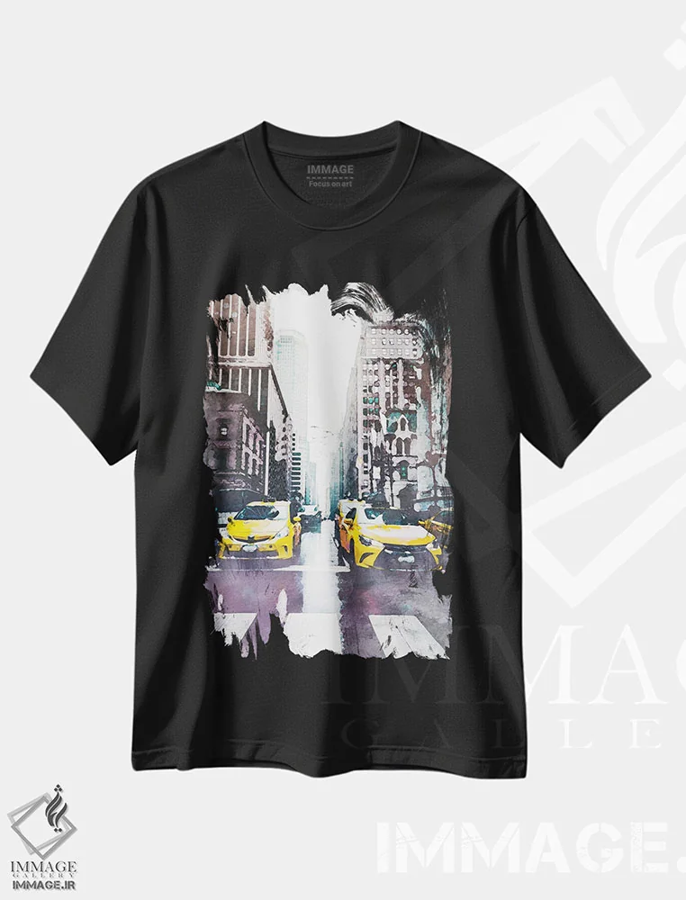تیشرت مشکی طرح دار پوستر سفر تاکسی نیویورک، هنر دیجیتال اثر ناتالی رایان | فروشگاه ایماژ