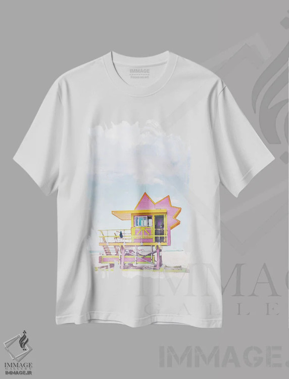 تیشرت سفید طرح دار پوستر سفر به میامی، دکور ساحلی اثر ناتالی رایان | فروشگاه ایماژ
