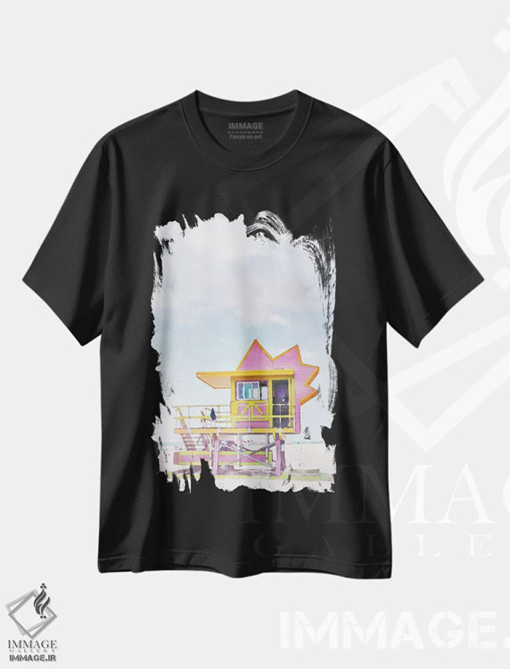 تیشرت مشکی طرح دار پوستر سفر به میامی، دکور ساحلی اثر ناتالی رایان | immage.ir