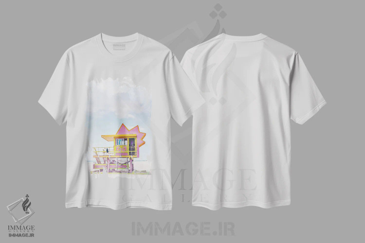 تیشرت سفید طرح دار پوستر سفر به میامی، دکور ساحلی اثر ناتالی رایان | فروشگاه ایماژ