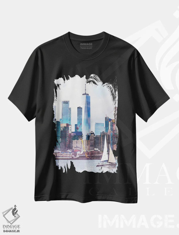 تیشرت مشکی طرح دار پوستر سفر با قایق بادبانی نیویورک، تزئینی اثر ناتالی رایان | immage.ir
