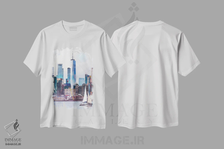 تیشرت سفید طرح دار پوستر سفر با قایق بادبانی نیویورک، تزئینی اثر ناتالی رایان | فروشگاه ایماژ