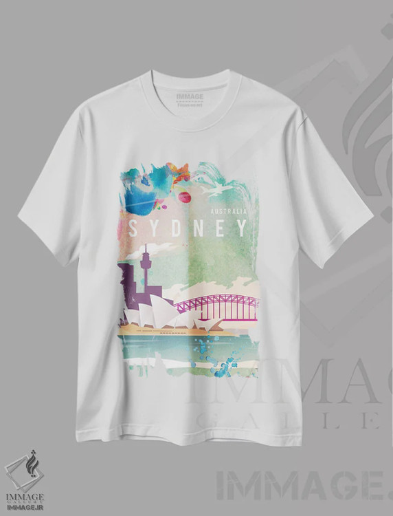 تیشرت سفید طرح دار پوستر سفر به سیدنی، تزئینی اثر ناتالی رایان | immage.ir