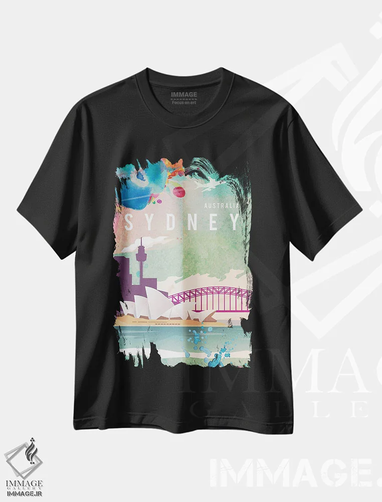تیشرت مشکی طرح دار پوستر سفر به سیدنی، تزئینی اثر ناتالی رایان | فروشگاه ایماژ