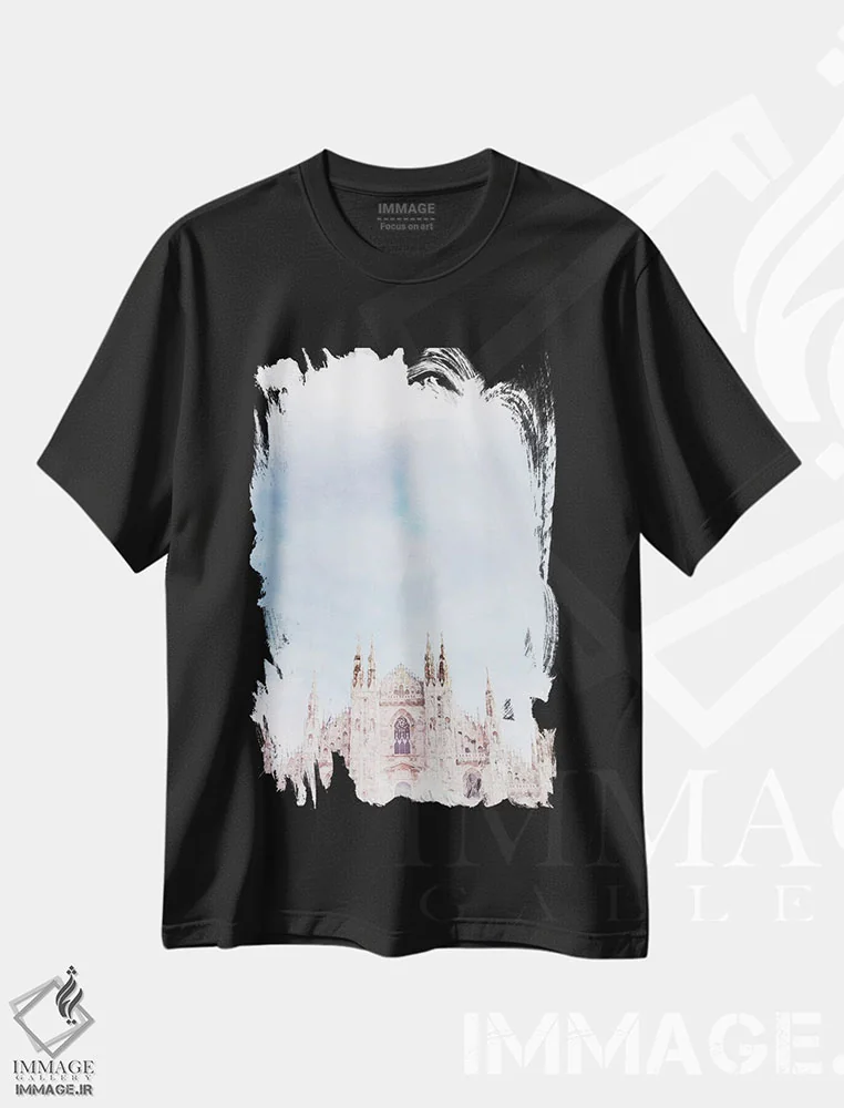 تیشرت مشکی طرح دار پوستر سفر به دوئومو میلان، هنر دیجیتال اثر ناتالی رایان | immage.ir