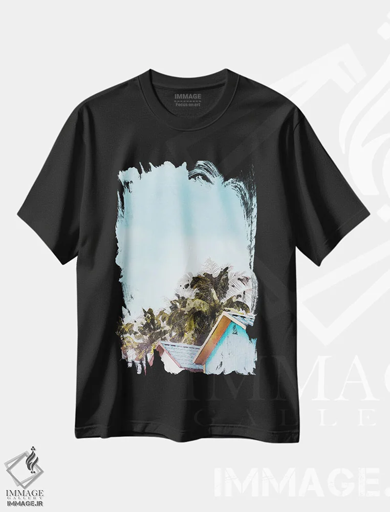 تیشرت مشکی طرح دار پوستر کلبه ساحلی جامائیکا، دکور ساحلی اثر ناتالی رایان | immage.ir