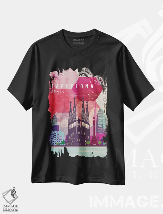 تیشرت مشکی طرح دار پوستر سفر به بارسلونا، تزئینی اثر ناتالی رایان | immage.ir
