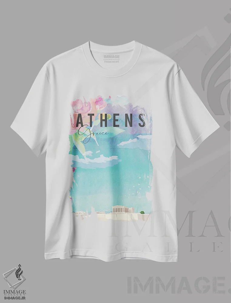 تیشرت سفید طرح دار پوستر سفر به آتن، تزئینی اثر ناتالی رایان | immage.ir