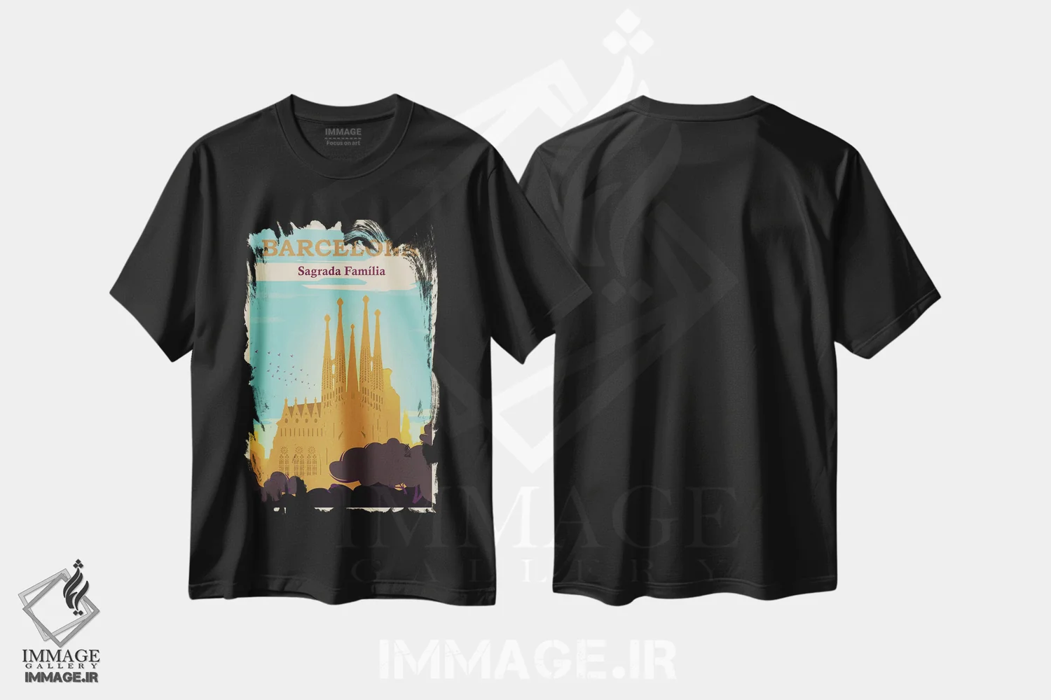 تیشرت مشکی طرح دار پوستر ساگرادا فامیلیا بارسلونا، تزئینی اثر ناتالی رایان | فروشگاه ایماژ