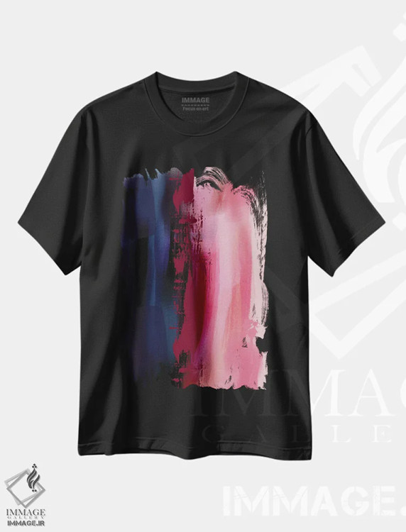 تیشرت مشکی طرح دار انتزاعی آبی و صورتی اثر ناتالی رایان | فروشگاه ایماژ