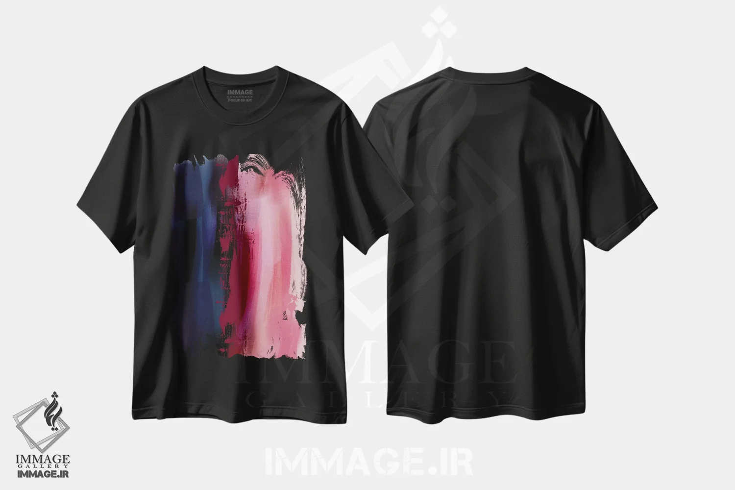 تیشرت مشکی طرح دار انتزاعی آبی و صورتی اثر ناتالی رایان | فروشگاه ایماژ