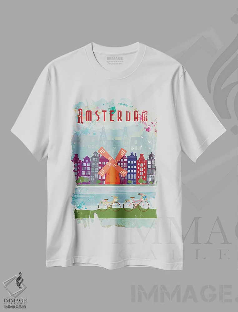 تیشرت سفید طرح دار پوستر سفر به آمستردام، تزئینی اثر ناتالی رایان | immage.ir