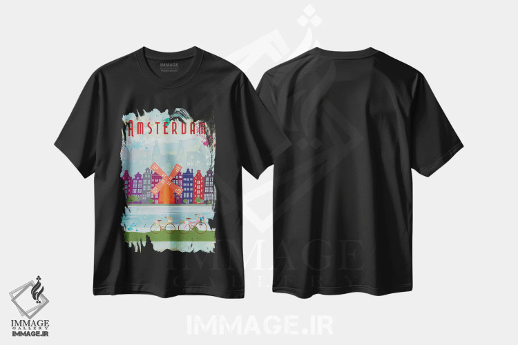 تیشرت مشکی طرح دار پوستر سفر به آمستردام، تزئینی اثر ناتالی رایان | فروشگاه ایماژ