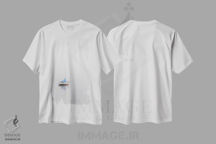 تیشرت سفید طرح دار White & Blue,قایق بادبانی؛ قرمز، سفید و آبی، مدیوم اثر نیکلاس بل | فروشگاه ایماژ