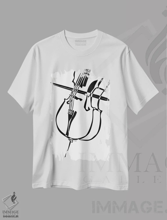 تیشرت سفید طرح دار ویولنسل، هنر تزئینی سیاه و سفید اثر نیسه کرونا | immage.ir