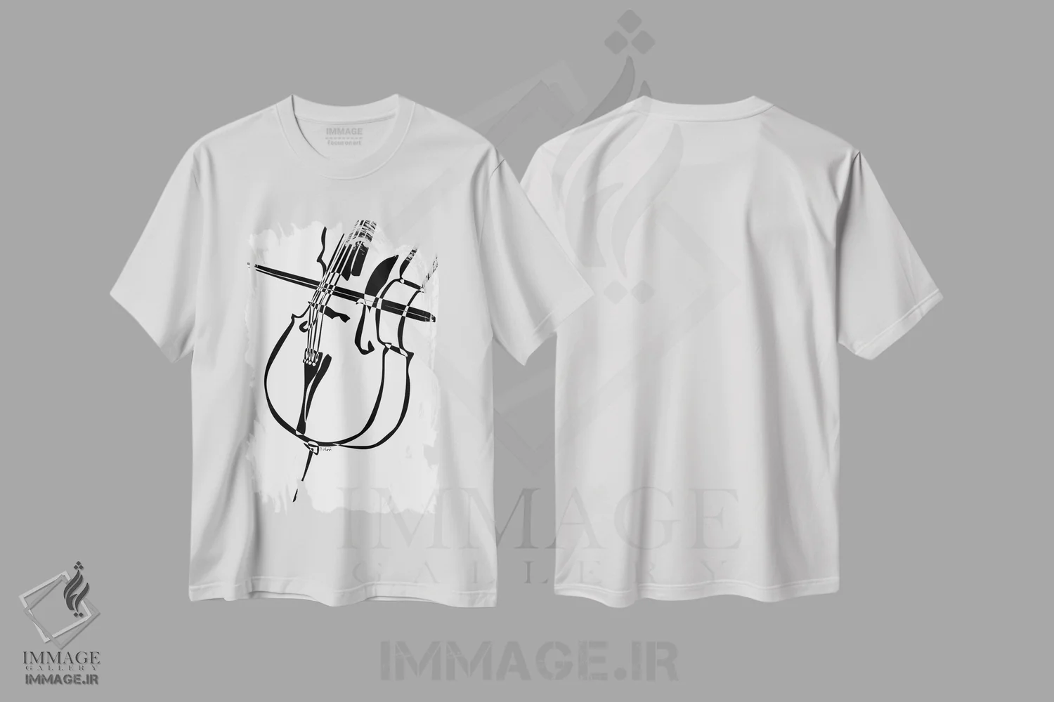 تیشرت سفید طرح دار ویولنسل، هنر تزئینی سیاه و سفید اثر نیسه کرونا | immage.ir