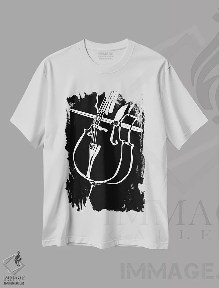 تیشرت سفید طرح دار ویولنسل مشکی، هنر تزئینی سیاه و سفید اثر نیسه کرونا | فروشگاه ایماژ