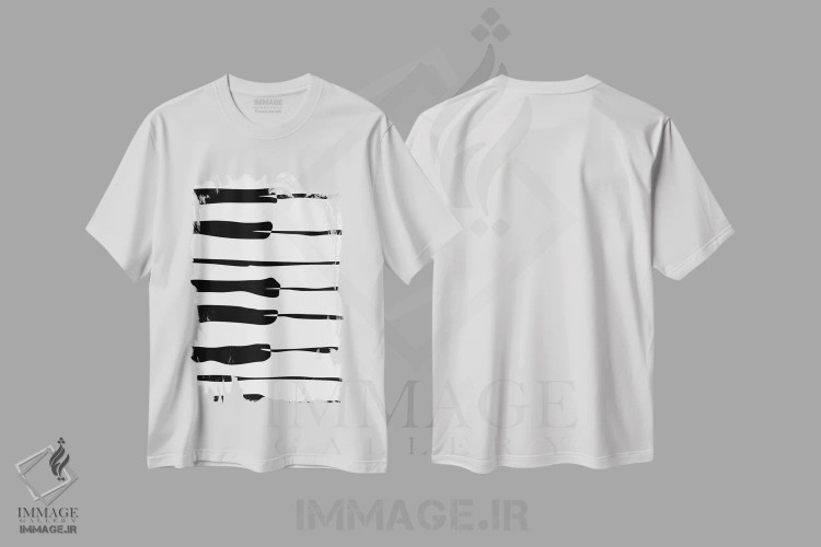 تیشرت سفید طرح دار کلاویه های پیانو، هنر تزئینی سیاه و سفید اثر نیسه کرونا | فروشگاه ایماژ