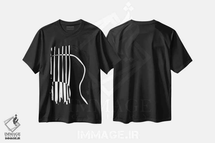 تیشرت مشکی طرح دار گیتار آکوستیک مشکی، هنر تزئینی سیاه و سفید اثر نیسه کرونا | فروشگاه ایماژ