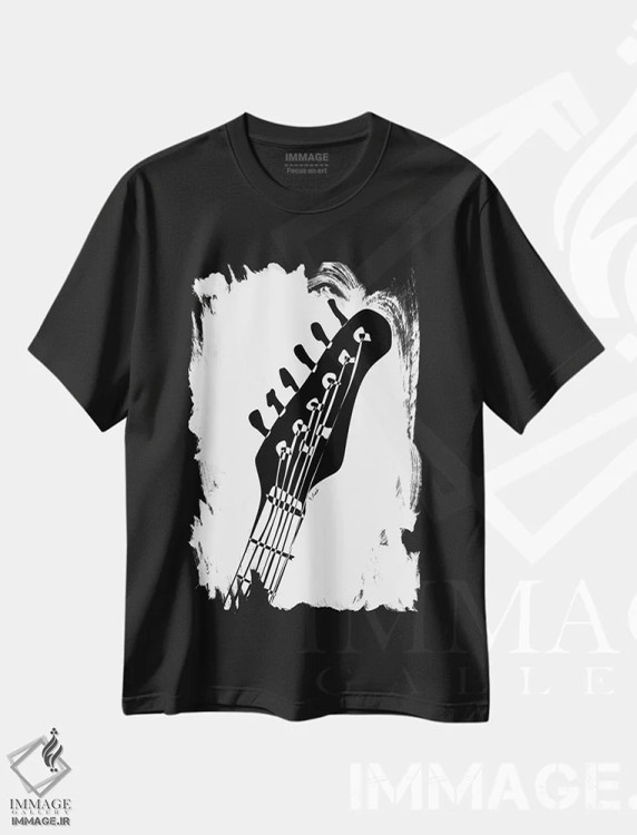تیشرت مشکی طرح دار سر گیتار الکتریک، هنر تزئینی سیاه و سفید اثر نیسه کرونا | فروشگاه ایماژ