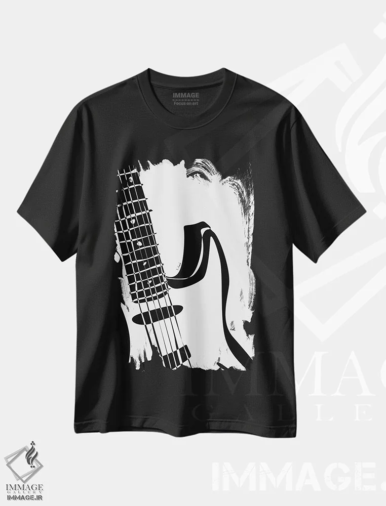 تیشرت مشکی طرح دار گیتار الکتریک سفید، هنر تزئینی سیاه و سفید اثر نیسه کرونا | immage.ir