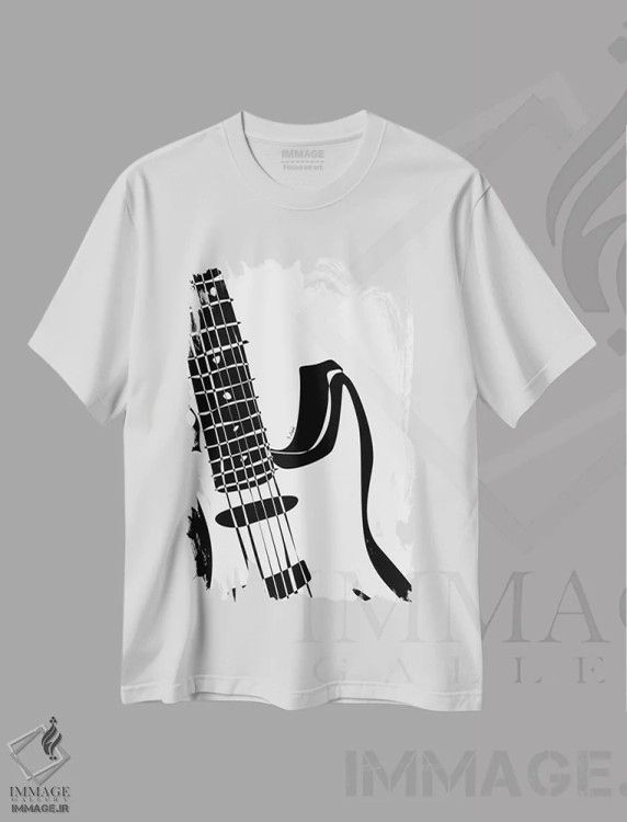 تیشرت سفید طرح دار گیتار الکتریک سفید، هنر تزئینی سیاه و سفید اثر نیسه کرونا | فروشگاه ایماژ