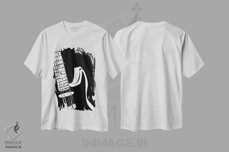تیشرت سفید طرح دار گیتار الکتریک مشکی، هنر تزئینی سیاه و سفید اثر نیسه کرونا | immage.ir
