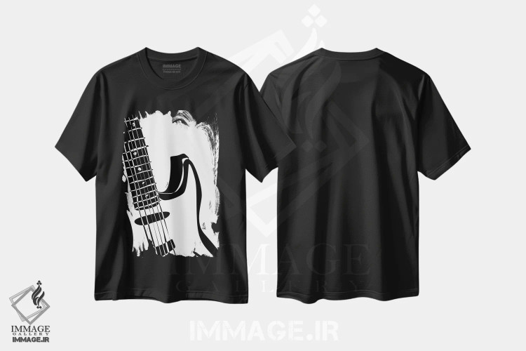 تیشرت مشکی طرح دار گیتار الکتریک سفید، هنر تزئینی سیاه و سفید اثر نیسه کرونا | immage.ir