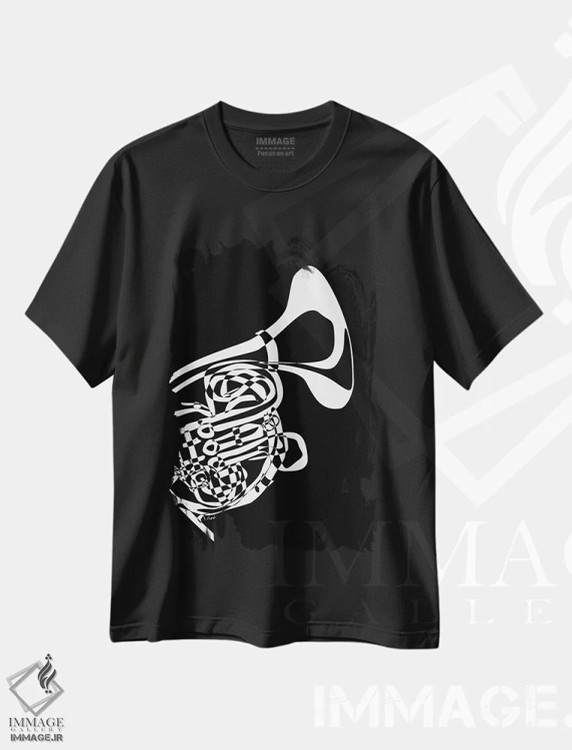تیشرت مشکی طرح دار هورن فرانسوی مشکی، هنر تزئینی سیاه و سفید اثر نیسه کرونا | immage.ir