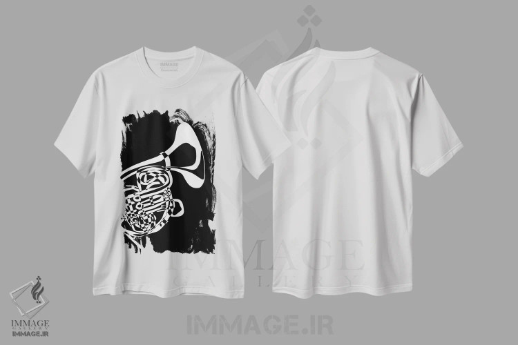 تیشرت سفید طرح دار هورن فرانسوی مشکی، هنر تزئینی سیاه و سفید اثر نیسه کرونا | فروشگاه ایماژ