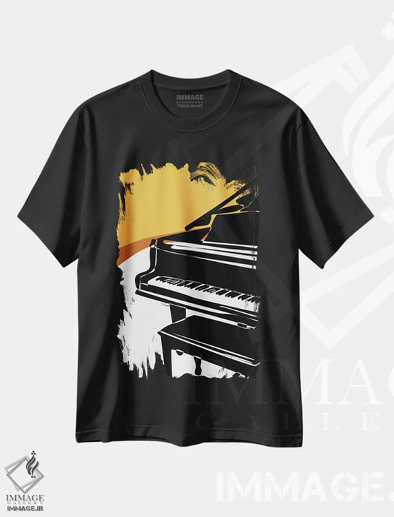 تیشرت مشکی طرح دار پیانوی بزرگ سوخته قهوه ای، تزئینی اثر نیسه کرونا | immage.ir