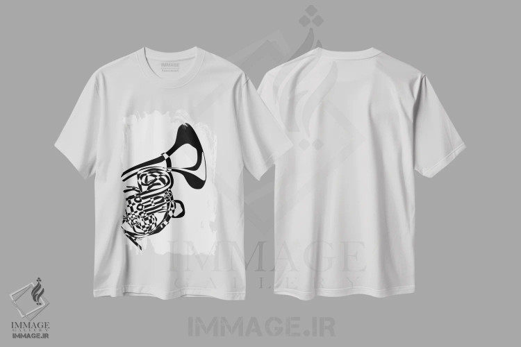 تیشرت سفید طرح دار هورن فرانسوی سفید، هنر تزئینی سیاه و سفید اثر نیسه کرونا | immage.ir