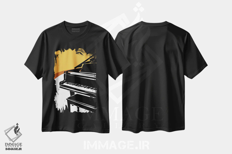 تیشرت مشکی طرح دار پیانوی بزرگ سوخته قهوه ای، تزئینی اثر نیسه کرونا | immage.ir