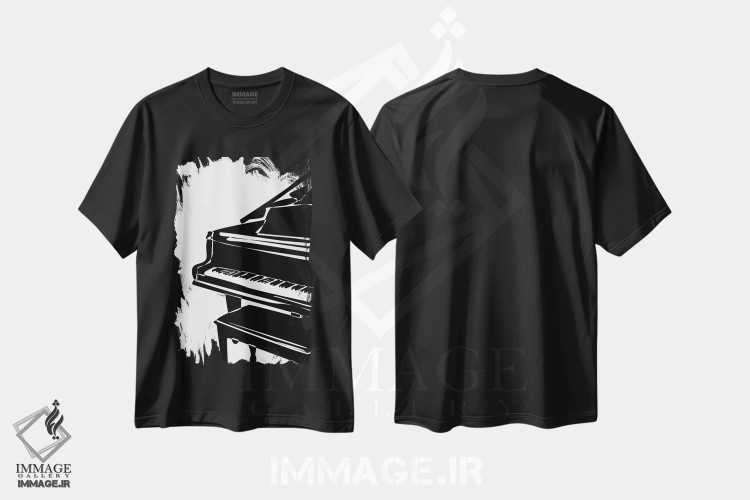 تیشرت مشکی طرح دار پیانوی بزرگ، هنر تزئینی سیاه و سفید اثر نیسه کرونا | فروشگاه ایماژ