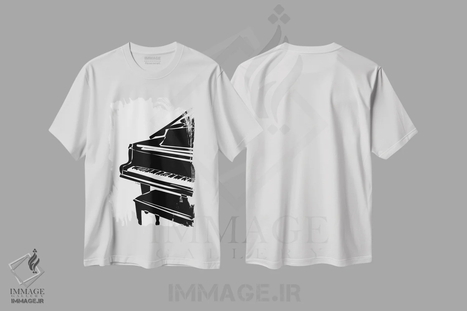 تیشرت سفید طرح دار پیانوی بزرگ، هنر تزئینی سیاه و سفید اثر نیسه کرونا | immage.ir