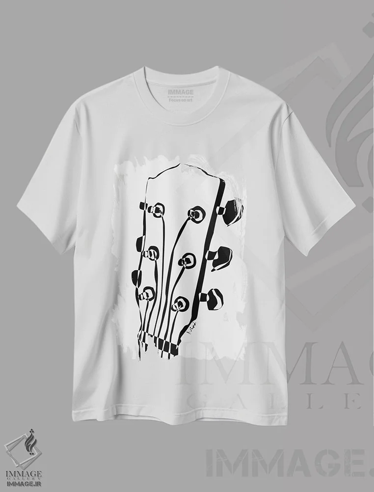 تیشرت سفید طرح دار سر گیتار آکوستیک، هنر تزئینی سیاه و سفید اثر نیسه کرونا | فروشگاه ایماژ
