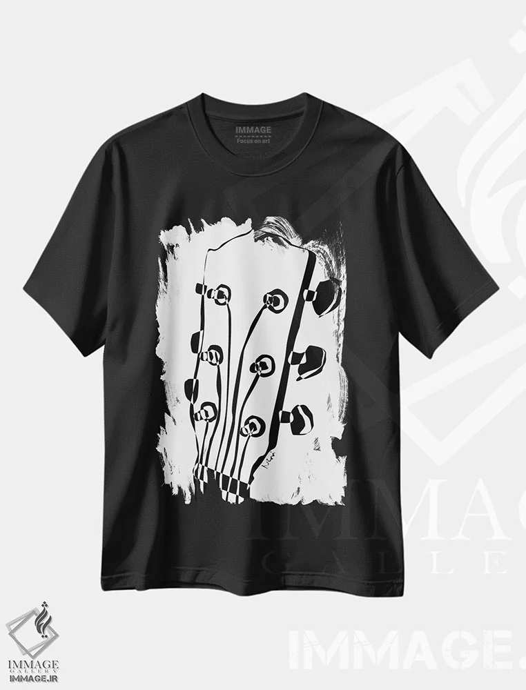 تیشرت مشکی طرح دار سر گیتار آکوستیک، هنر تزئینی سیاه و سفید اثر نیسه کرونا | immage.ir