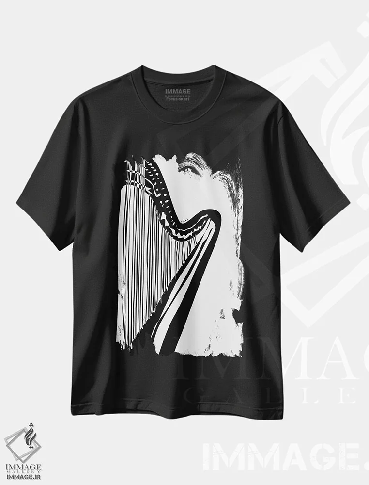 تیشرت مشکی طرح دار چنگ سفید، هنر تزئینی سیاه و سفید اثر نیسه کرونا | فروشگاه ایماژ