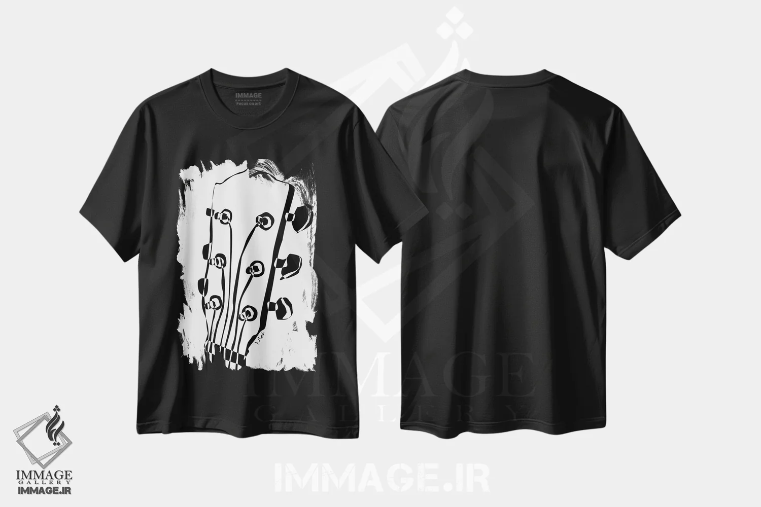 تیشرت مشکی طرح دار سر گیتار آکوستیک، هنر تزئینی سیاه و سفید اثر نیسه کرونا | immage.ir
