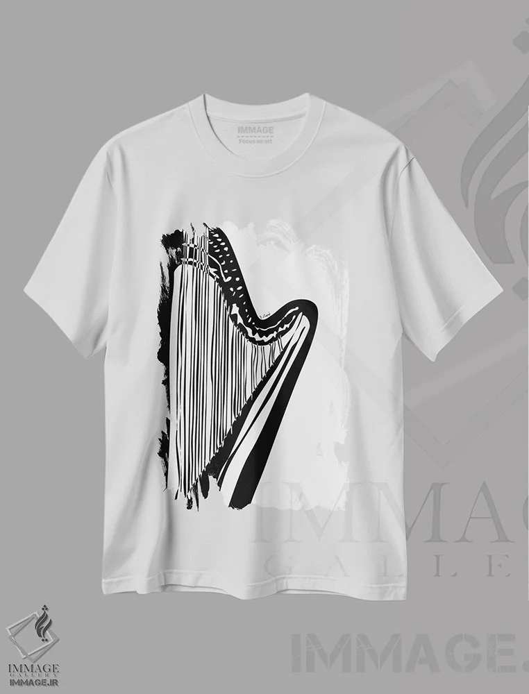 تیشرت سفید طرح دار چنگ سفید، هنر تزئینی سیاه و سفید اثر نیسه کرونا | immage.ir