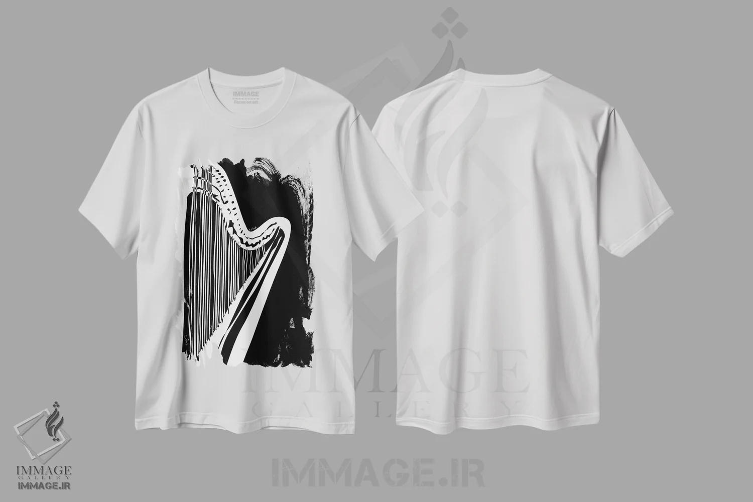 تیشرت سفید طرح دار چنگ مشکی، هنر تزئینی سیاه و سفید اثر نیسه کرونا | فروشگاه ایماژ