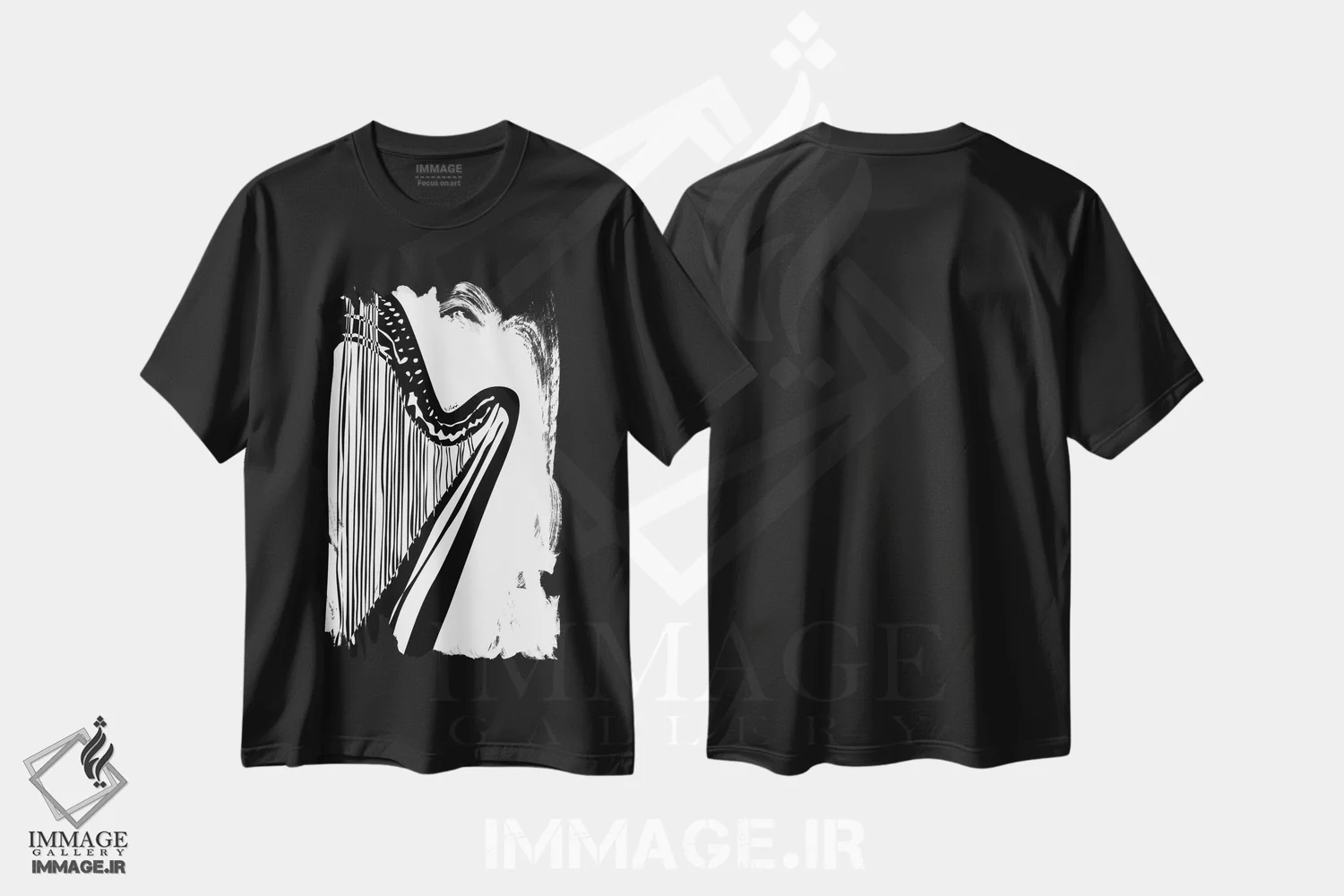 تیشرت مشکی طرح دار چنگ سفید، هنر تزئینی سیاه و سفید اثر نیسه کرونا | فروشگاه ایماژ