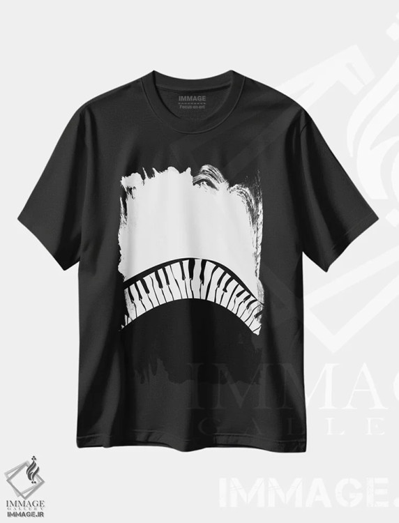 تیشرت مشکی طرح دار ست پیانو شماره ۱، هنر تزئینی سیاه و سفید اثر نیسه کرونا | فروشگاه ایماژ