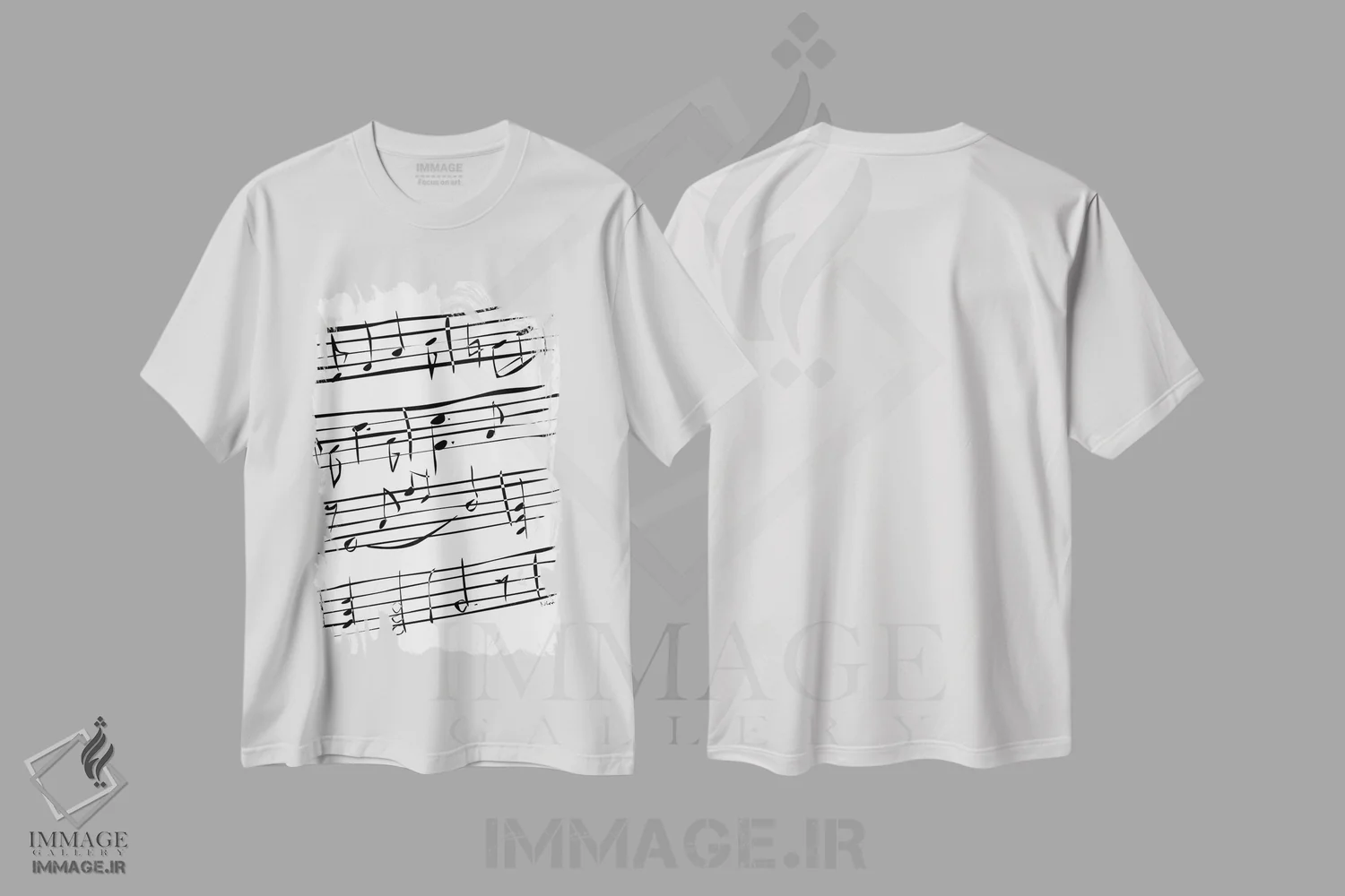 تیشرت سفید طرح دار نت های موسیقی، هنر تزئینی سیاه و سفید اثر نیسه کرونا | فروشگاه ایماژ