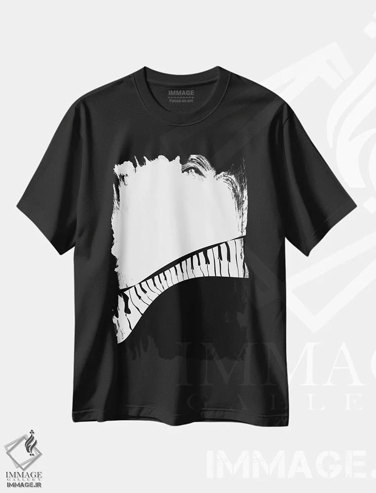 تیشرت مشکی طرح دار ست پیانو شماره ۲، هنر تزئینی سیاه و سفید اثر نیسه کرونا | immage.ir