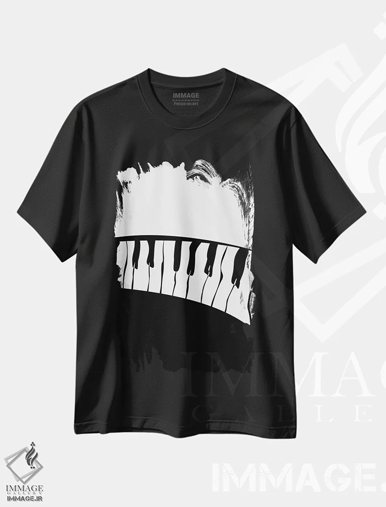 تیشرت مشکی طرح دار ست پیانو شماره ۳، هنر تزئینی سیاه و سفید اثر نیسه کرونا | فروشگاه ایماژ