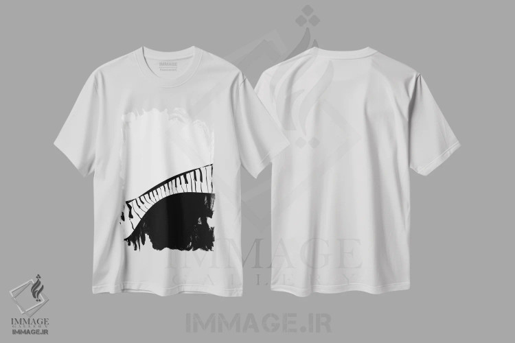 تیشرت سفید طرح دار ست پیانو شماره ۲، هنر تزئینی سیاه و سفید اثر نیسه کرونا | فروشگاه ایماژ
